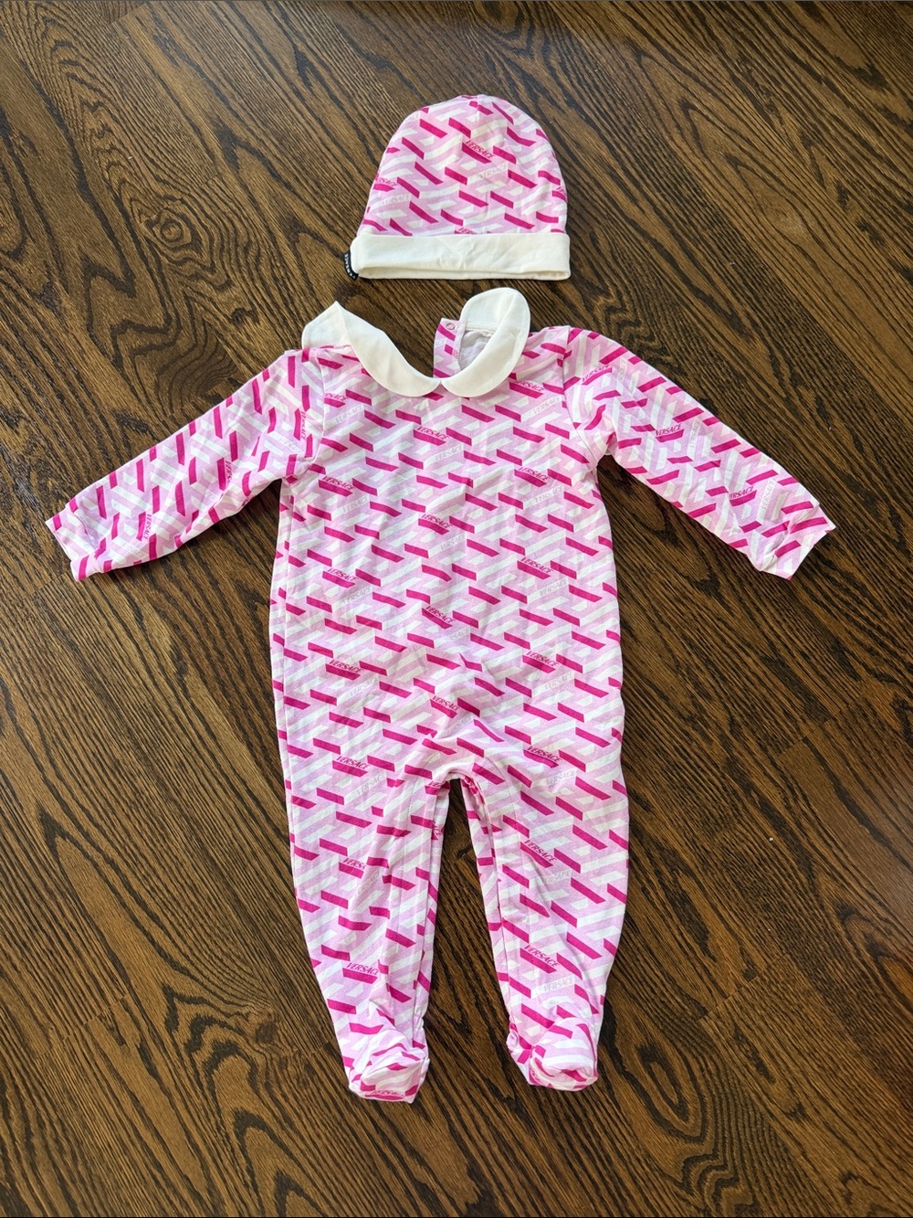 Versace Pink Patterned Infant One-Piece with Hat